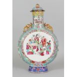 A LARGE 19TH CENTURY CHINESE CANTON FAMILLE ROSE PORCELAIN MOON FLASK & COVER, painted with a