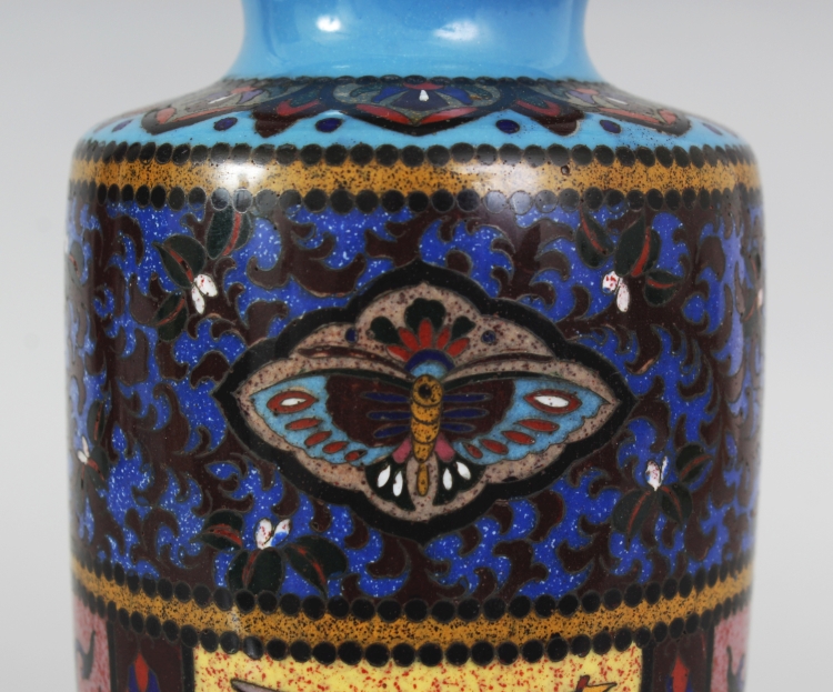 A JAPANESE MEIJI PERIOD BLUE GROUND CLOISONNE VASE, decorated with alternating dependent lappet - Image 5 of 7