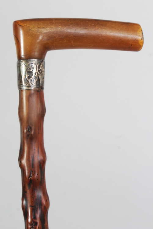 A HORN HANDLED KNARLED WOOD WALKING STICK, the handle possibly rhino horn, the neck with an embossed