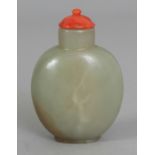 A GOOD QUALITY 19TH CENTURY CHINESE CELADON JADE SNUFF BOTTLE & CORAL STOPPER, of flattened ovoid