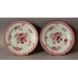 A PAIR OF 18TH CENTURY CHINESE QIANLONG PERIOD PORCELAIN PLATES, mainly painted in puce enamelling