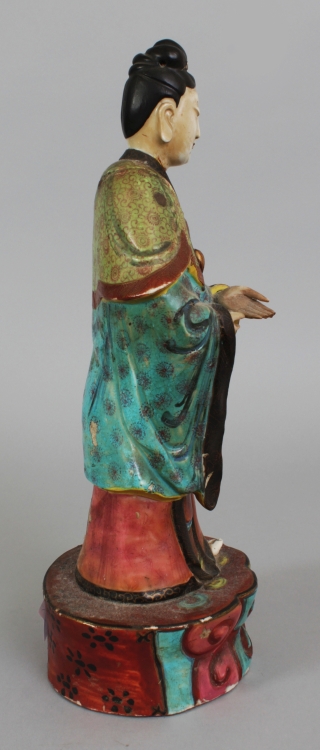 A 19TH CENTURY CHINESE FAMILLE ROSE PORCELAIN FIGURE OF A FEMALE IMMORTAL, standing in elaborately - Image 2 of 7