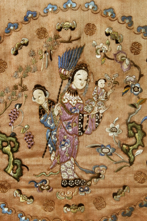 A 19TH CENTURY FRAMED CHINESE ORANGE GROUND EMBROIDERED SILK PANEL, decorated with butterflies - Image 3 of 5
