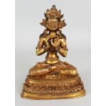 A GOOD QUALITY CHINESE GILT BRONZE FIGURE OF AMITAYUS BUDDHA, seated in dhyanasana on a double lotus