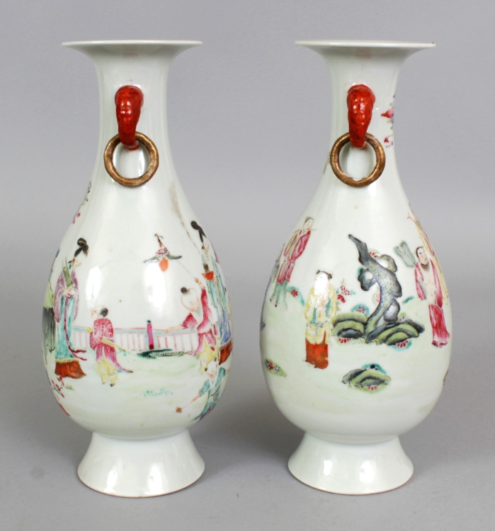 A PAIR OF LATE 19TH CENTURY CHINESE FAMILLE ROSE PORCELAIN VASES, with loose ring handles, one - Image 2 of 7