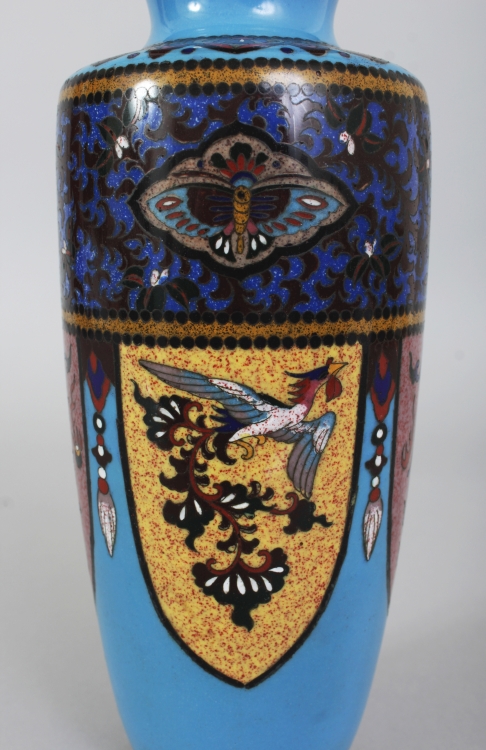 A JAPANESE MEIJI PERIOD BLUE GROUND CLOISONNE VASE, decorated with alternating dependent lappet - Image 4 of 7