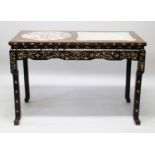 A GOOD 19TH/20TH CENTURY CHINESE MARBLE TOP & MOTHER-OF-PEARL INLAID RECTANGULAR HARDWOOD TABLE, the