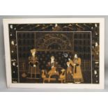 A LARGE 20TH CENTURY PERSIAN PAINTING ON FABRIC, with a wood frame mount, depicting a court scene in