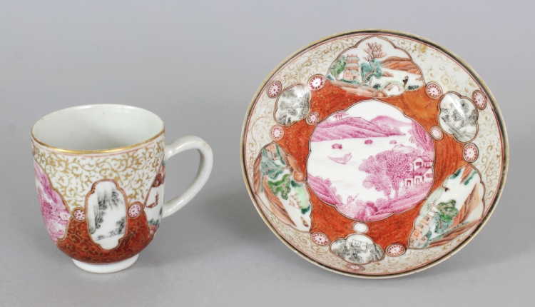 AN UNUSUAL CHINESE YONGZHENG PERIOD ENAMELLED PORCELAIN CUP & SAUCER, each piece painted with a puce - Image 5 of 7