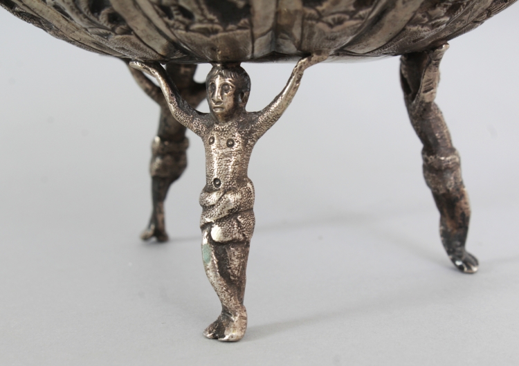 A SOUTH-EAST ASIAN EMBOSSED SILVER-METAL BOWL, weighing 285gm, supported on three figural feet, - Image 5 of 8
