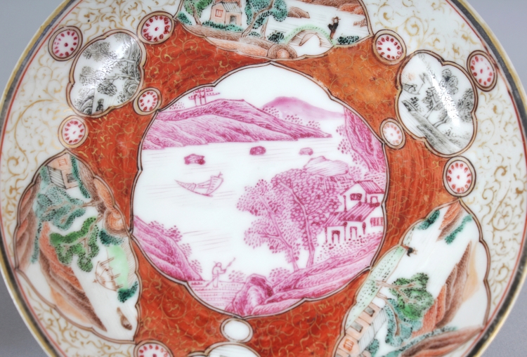 AN UNUSUAL CHINESE YONGZHENG PERIOD ENAMELLED PORCELAIN CUP & SAUCER, each piece painted with a puce - Image 6 of 7