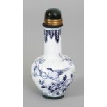 A CHINESE CANTON ENAMEL SNUFF BOTTLE & HARDSTONE STOPPER, decorated with birds and foliage in blue