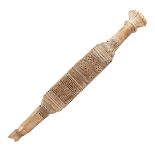 AN EARLY 19TH CENTURY POLYNESIAN CARVED WOOD PADDLE, faded colour with crosshatch and other carving.