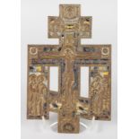 A RARE 18TH CENTURY RUSSIAN ORTHODOX BRONZE AND ENAMEL CRUCIFIX with feasts. 23cms long, 15cms