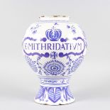 A LARGE DELFT BLUE AND WHITE DRUG JAR , E. MITHRIDATIUM. 13ins high.