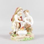 A PORCELAIN GROUP DEPICTING WINTER, two putti round a fire. 4.5ins high.