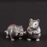 TWO SMALL SILVER NOVELTY PIN CUSHIONS, MOUSE AND BEAVER.