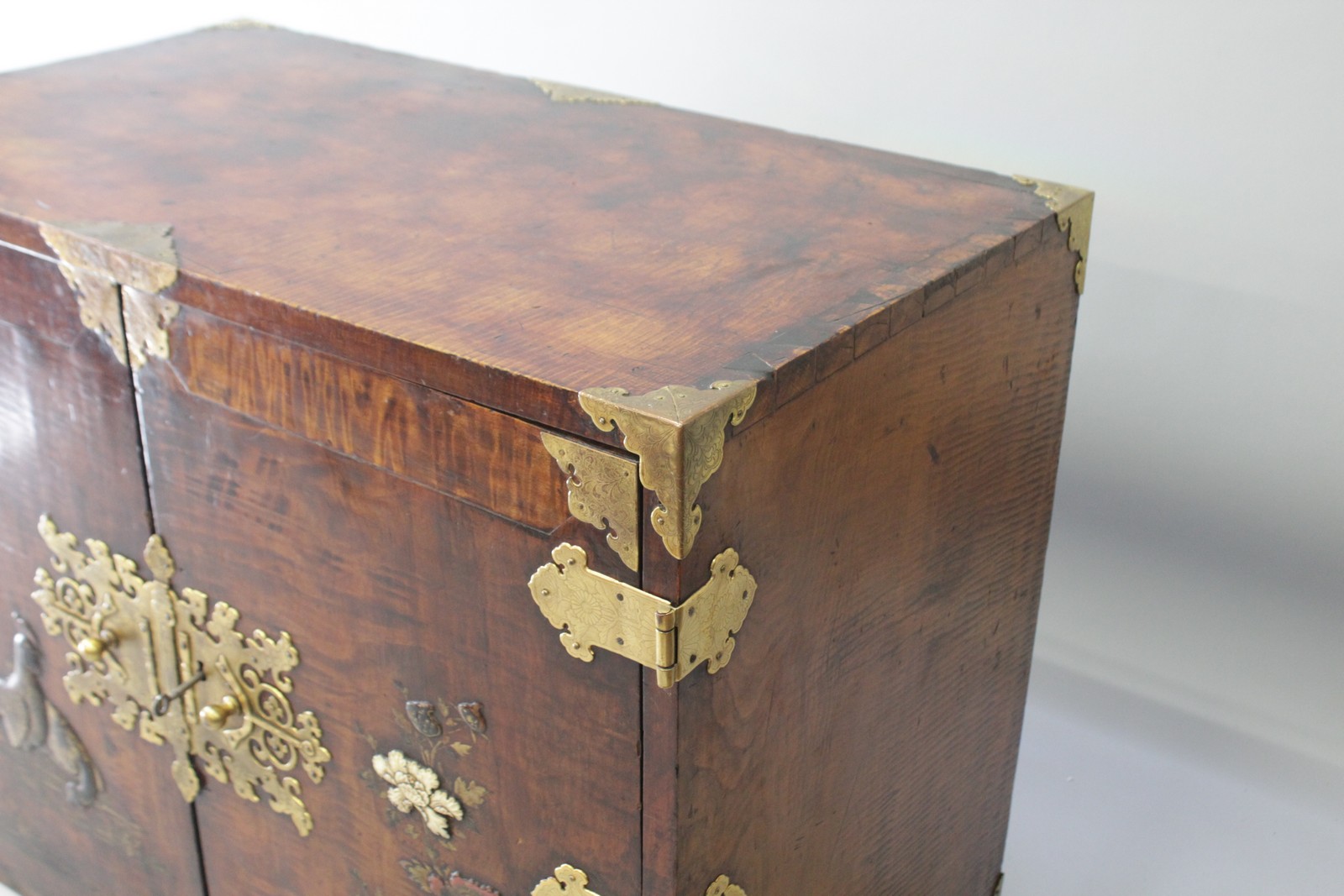 A SUPERB 17TH CENTURY WALNUT CHEST with iron mounts and hinges, the doors with Japanned decoration - Image 5 of 11