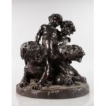 VICTOR PALLARD (1805-1886) FRENCH A SUPERB BRONZE GROUP OF THREE YOUNG CUPIDS RIDING A TIGER,