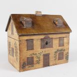 A GEORGIAN PAINTED WOOD TEA CADDY, the roof with two dormer windows, two division tea caddy, the