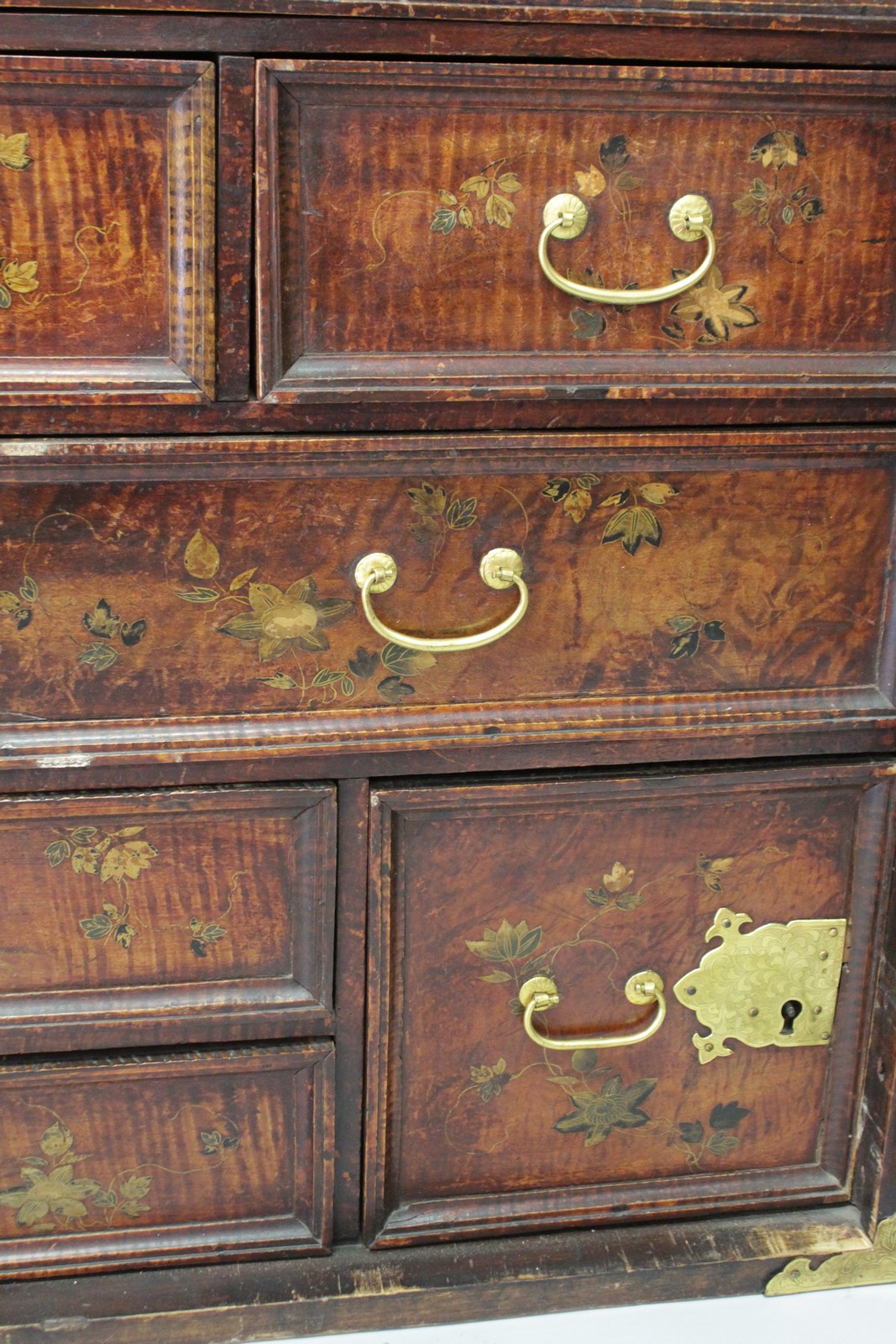 A SUPERB 17TH CENTURY WALNUT CHEST with iron mounts and hinges, the doors with Japanned decoration - Image 11 of 11