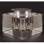 A SILVER TOP SQUARE GLASS INKWELL. Birmingham 1911.
