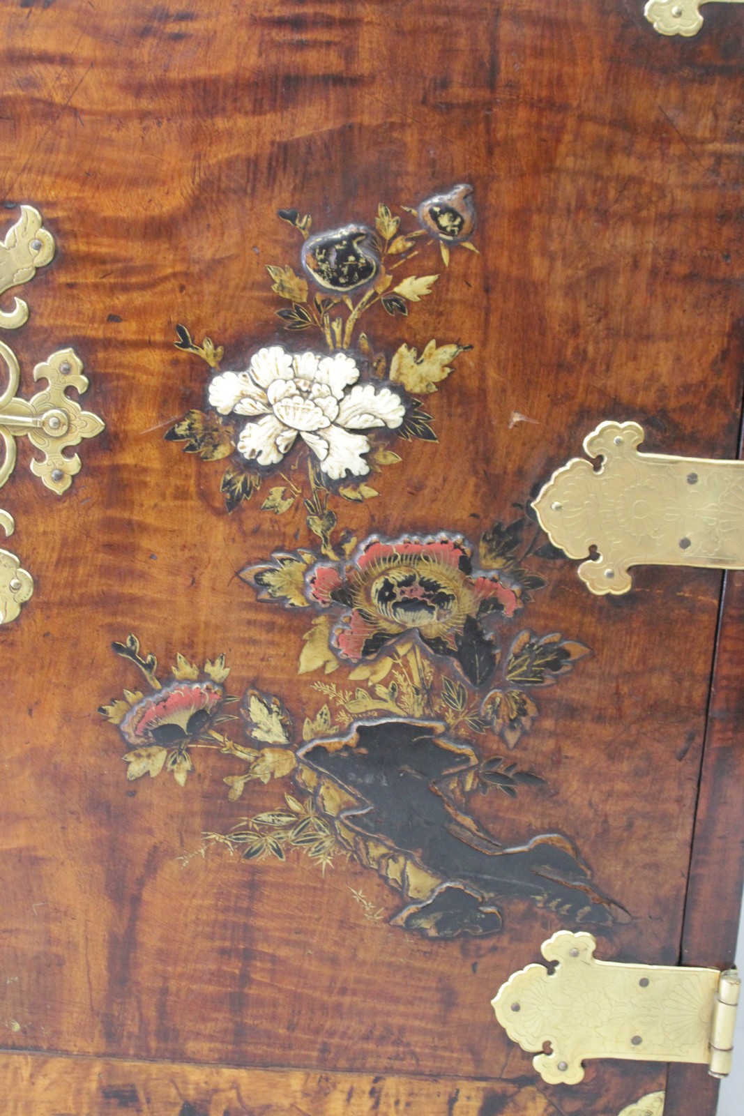 A SUPERB 17TH CENTURY WALNUT CHEST with iron mounts and hinges, the doors with Japanned decoration - Image 2 of 11