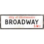 A CITY OF WESTMINSTER ENAMEL BROADWAY SW1 SIGN. 3ft long, 1ft wide.