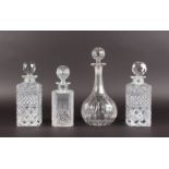 THREE WHISKY DECANTERS AND STOPPERS and PORT DECANTER AND STOPPER.