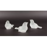 THREE LALIQUE DESIGN FROSTED GLASS BIRD CANDLE HOLDERS.