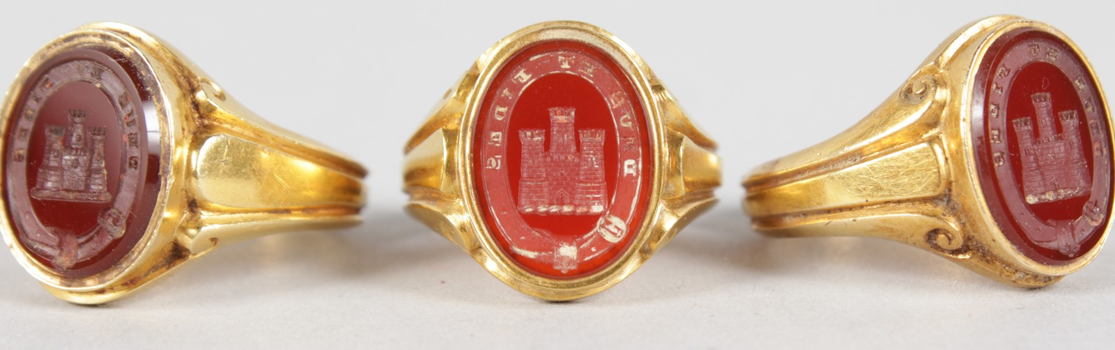 THREE 18CT YELLOW GOLD SEAL RINGS, a three turret castle. - Image 2 of 7