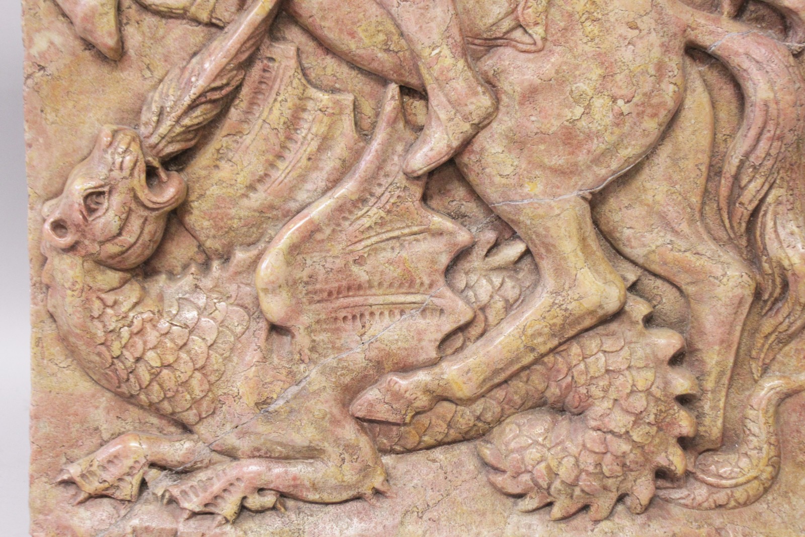 A LARGE EARLY CARVED MARBLE PLAQUE of ST. GEORGE SLAYING THE DRAGON. 32ins x 21ins. - Image 3 of 4