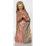 A 16TH-17TH CENTURY CARVED WOOD GILDED AND POLYCHROME FIGURE OF THE MADONNA, standing hands crossed.