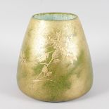 A CLEMENT MASSIER "GOLFE JUAN" GREEN AND GOLD VASE. Signed. 9.5ins high.