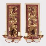 A PAIR OF FRAMED 18TH CENTURY WALL SCONCES with candle fittings. 1ft 8ins long.
