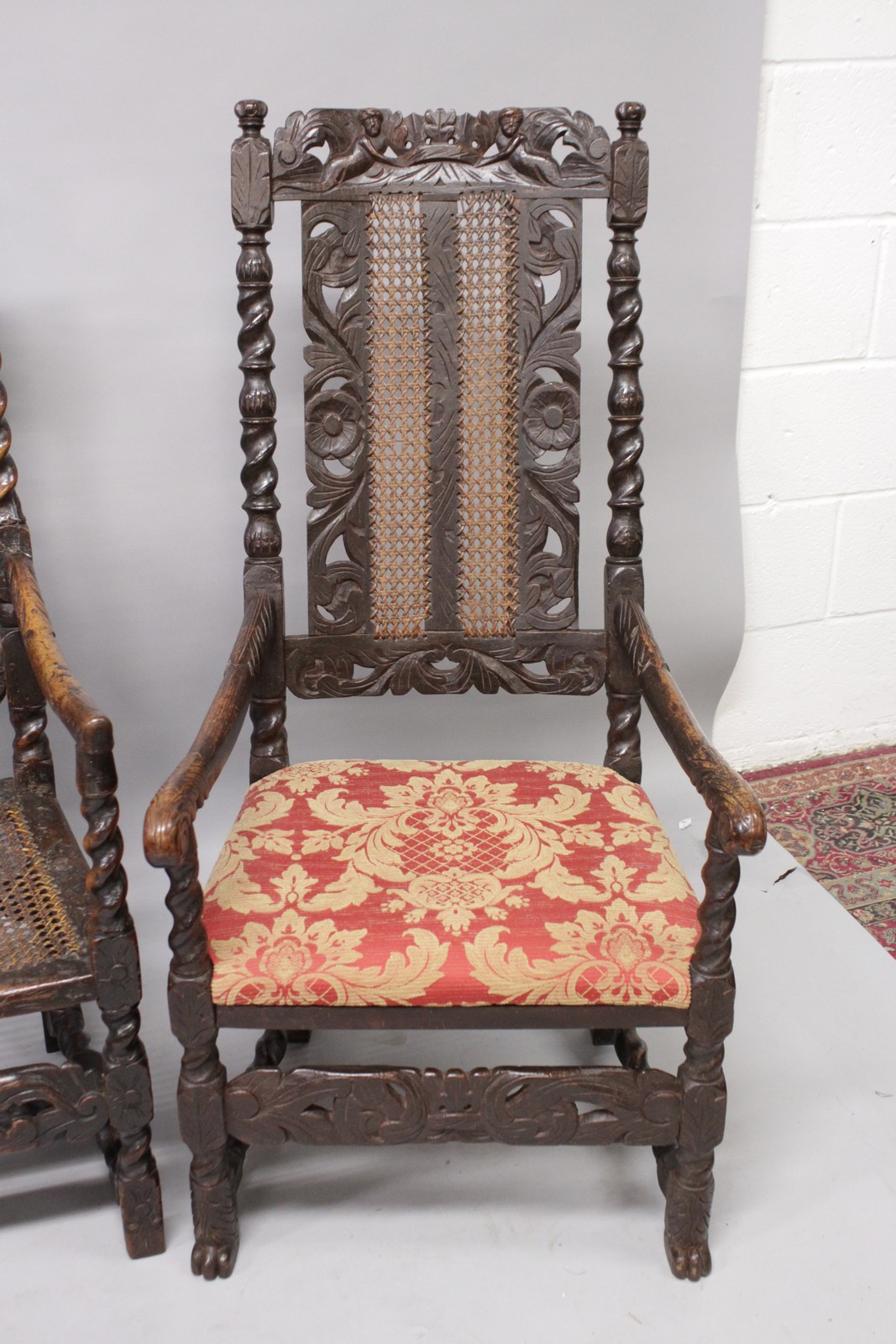 THREE LATE 17TH CENTURY WALNUT ARMCHAIRS, all with carved cresting rails, cane work back panels, - Image 4 of 4