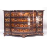 AN 18TH CENTURY DUTCH MAHOGANY AND MARQUETRY INLAID CHEST, with four central bowfront drawers