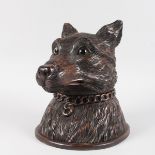A LARGE CARVED WOOD BLACK FOREST FOXES HEAD TOBACCO JAR with hinged head and glass eyes. 13ins