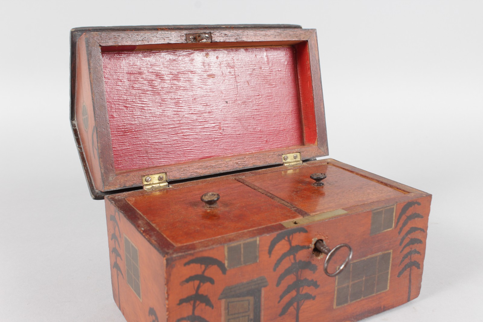 A GEORGIAN PAINTED WOOD TEA CADDY, the roof with chimney, two dormer windows, lift up roof, two - Image 2 of 3