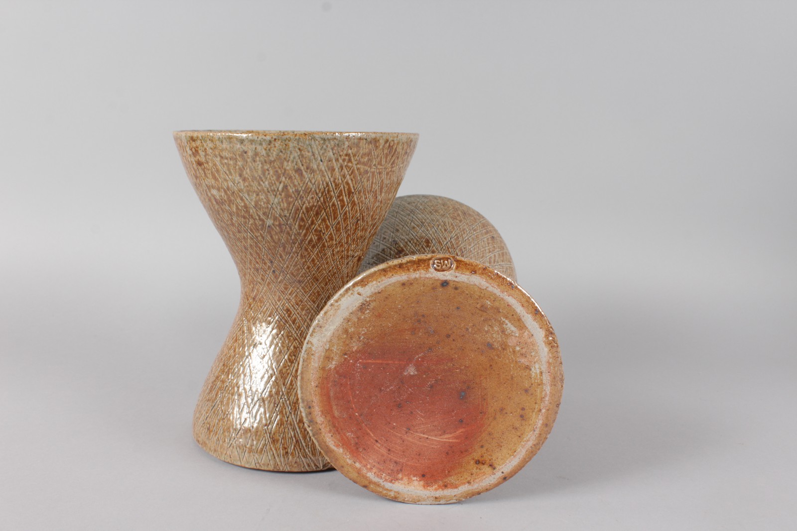 SARAH WATTS. A PAIR OF STONEWARE VASES. Impressed SW. 8ins high. - Image 4 of 5
