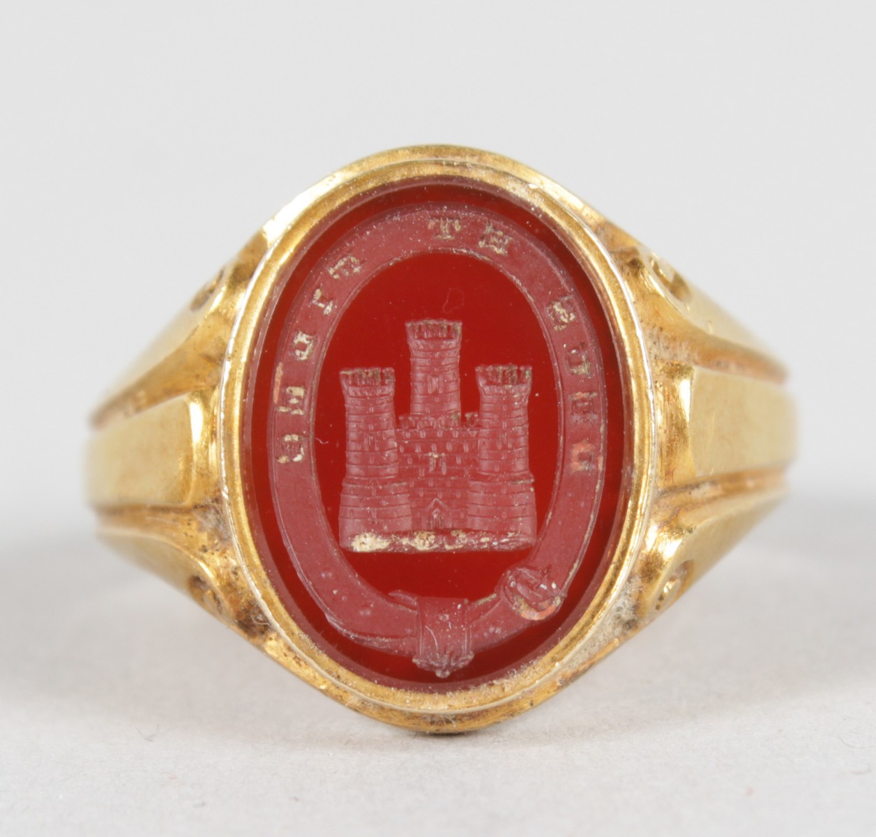 THREE 18CT YELLOW GOLD SEAL RINGS, a three turret castle. - Image 3 of 7