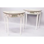 A GOOD PAIR OF ADAM STYLE MARBLE AND PAINTED DEMI-LUNE SIDE TABLES, each with 18th century inlaid