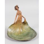 A GOOD PAINTED COLD CAST GROUP, ART NOUVEAU LADY, her dress as a tray. 5.5ins high.