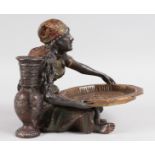 A PAINTED COLD CAST GROUP OF A SEATED LADY holding an octagonal tray. 7ins high.