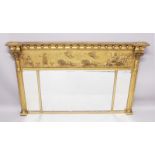 A GOOD 19TH CENTURY GILT WOOD OVERMANTLE MIRROR, with broad frieze applied with a chariot, lions and