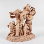 AFTER CLODION A GOOD TERRACOTTA GROUP OF THREE PLAYFUL CHERUBS ON A GOAT. 14ins high.