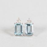 A GOOD PAIR OF AQUAMARINE AND DIAMOND STUD EARRINGS set in 18ct white gold.