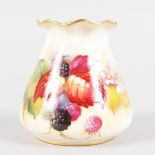 A ROYAL WORCESTER PIE CRUST RIM VASE, painted with autumnal leaves and blackberries, signed by Kitty