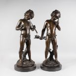 AUGUSTE MOREAU (19TH CENTURY) FRENCH A SUPERB PAIR OF BRONZES OF YOUNG BOYS, one playing two