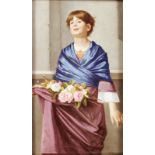 A SUPERB KPM PORCELAIN PLAQUE by F. WAGNER of a young girl selling roses. 12.5ins x 7ins. Signed